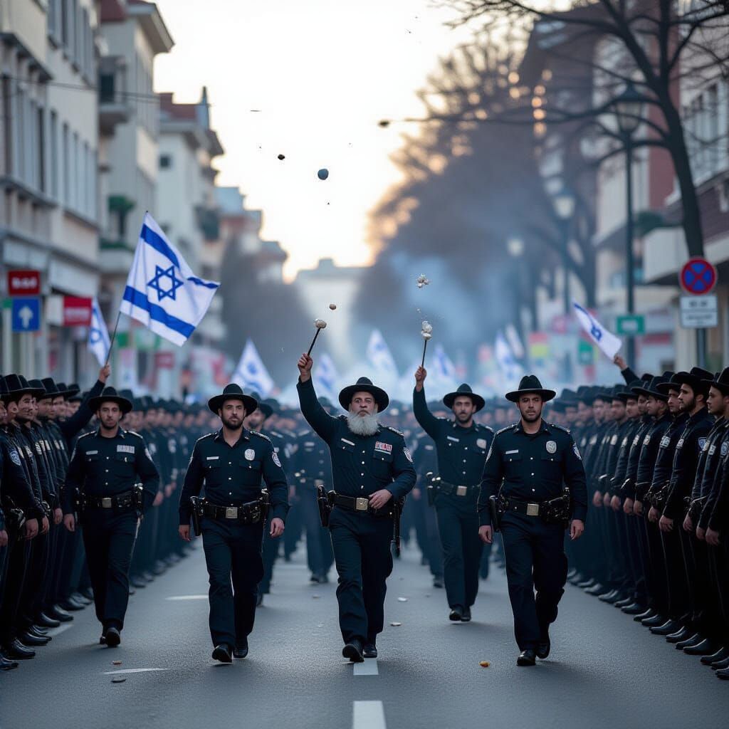Dramatic Protest Scene with Hasidic Jews and Police