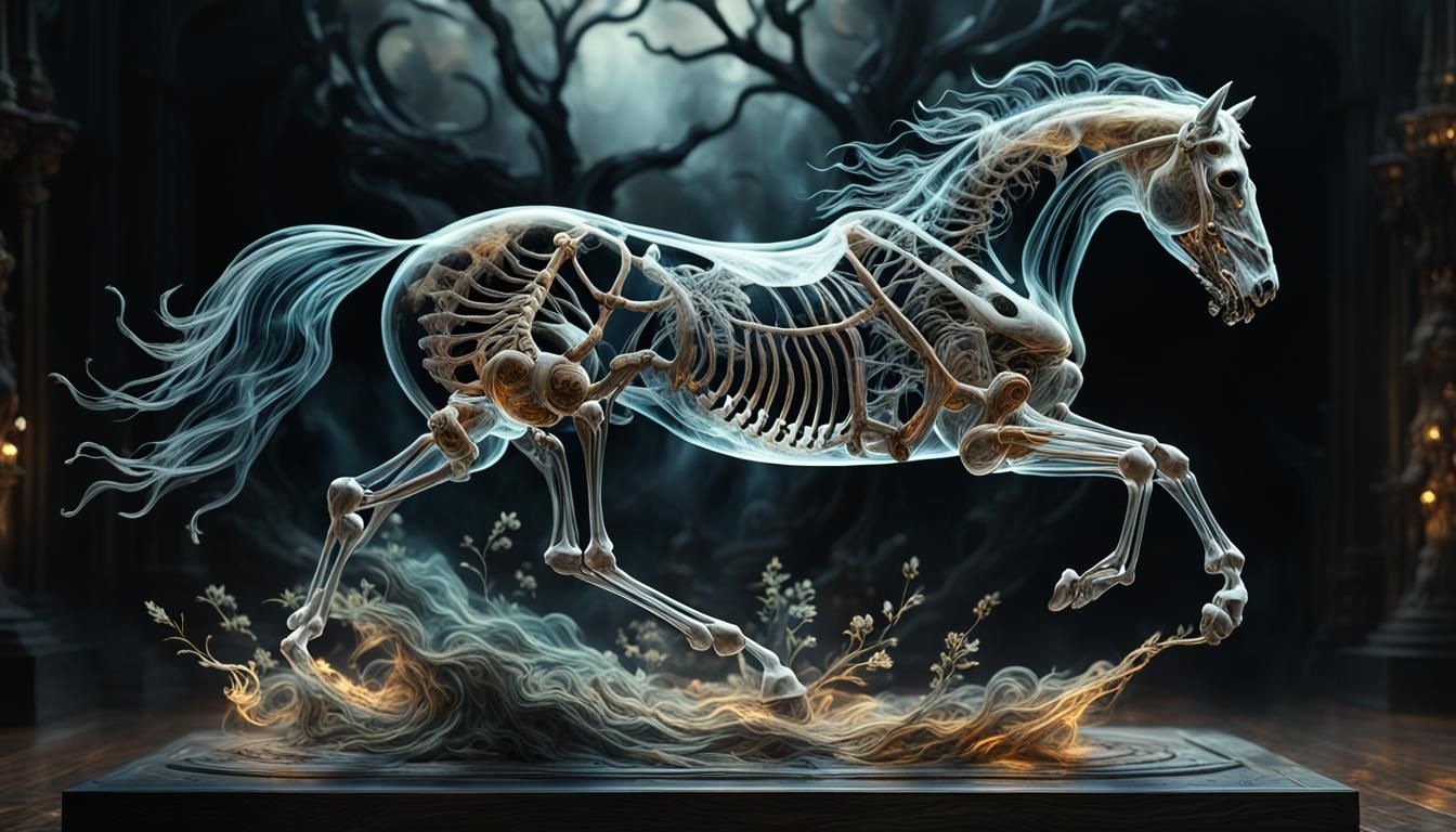 a glass and skeleton horse appearing mid-leap, award-winning quality and style, neural network, surreal, ...  by @Adamka