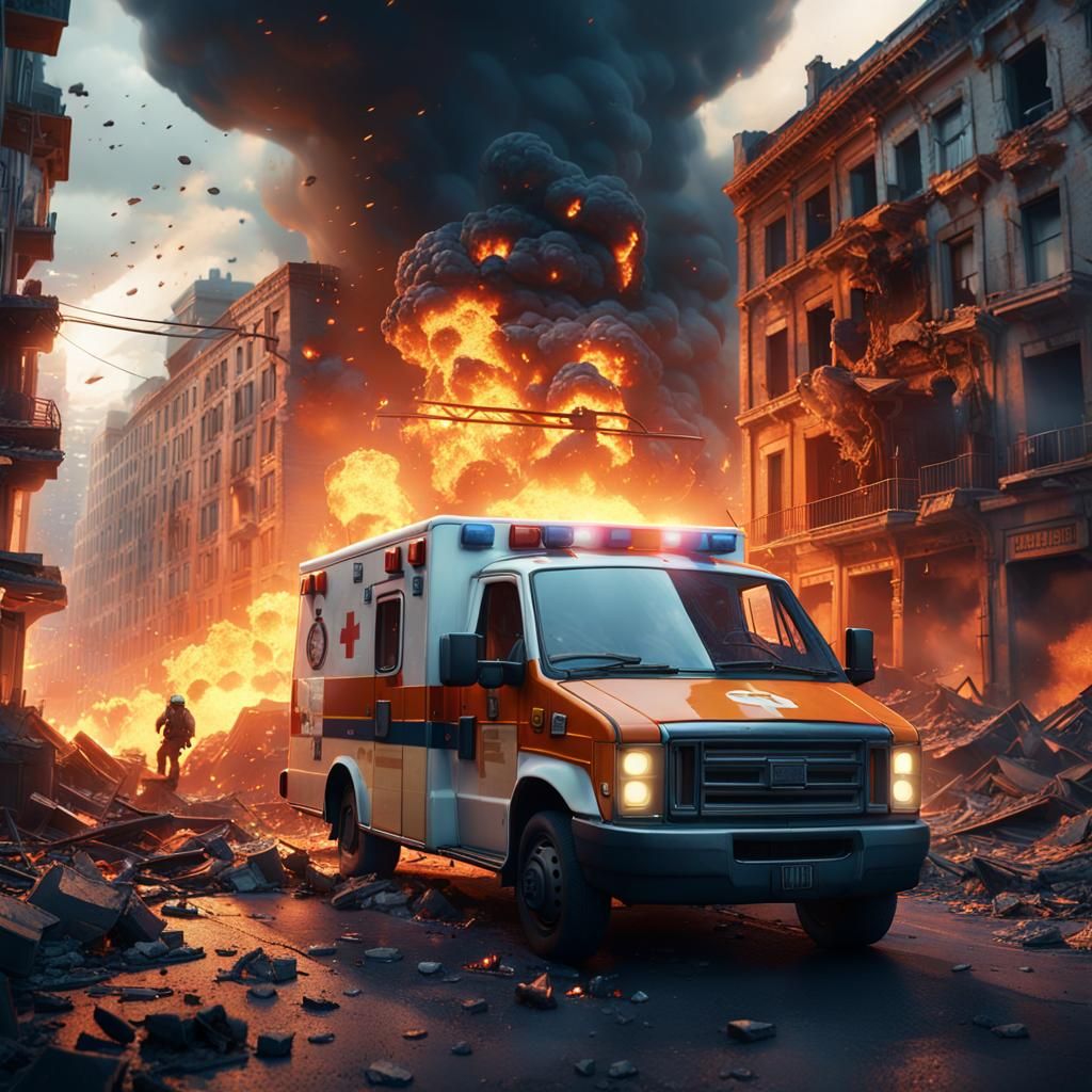 Ambulance Explodes in War-Torn City: Cinematic Still