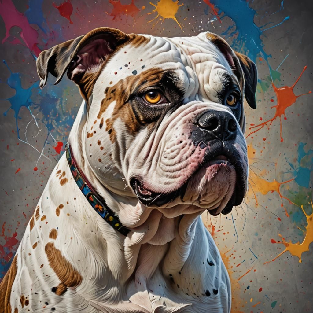A large extremely muscular American bulldog, white with brin...