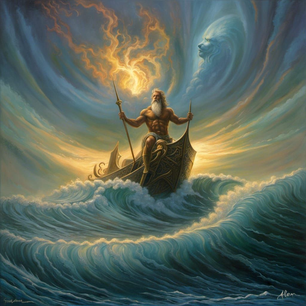 by Tomasz Alen Kopera, a painting of Poseidon ruling the ocean AI