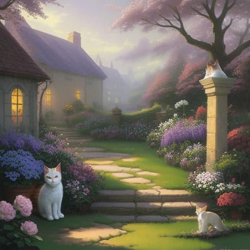 Cat, Focus on the cat, white cat, cat ears, tail, flowerpot,...