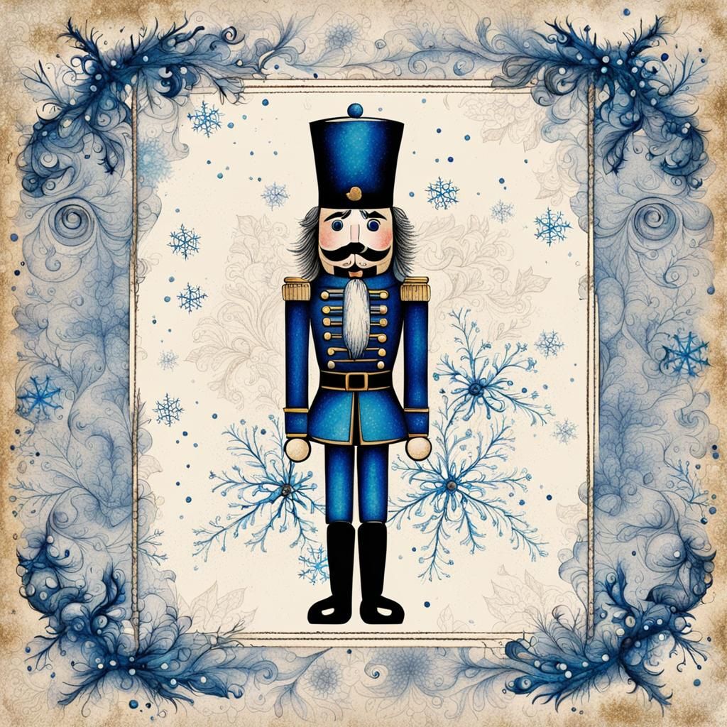 (detailed ink drawing of a Nutcracker, in a chic uniform, on...