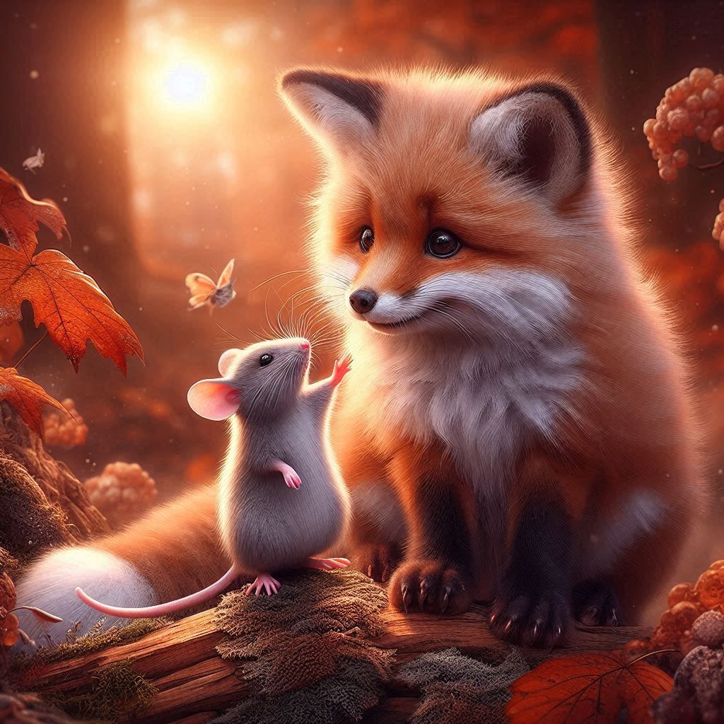 cute fox and mouse