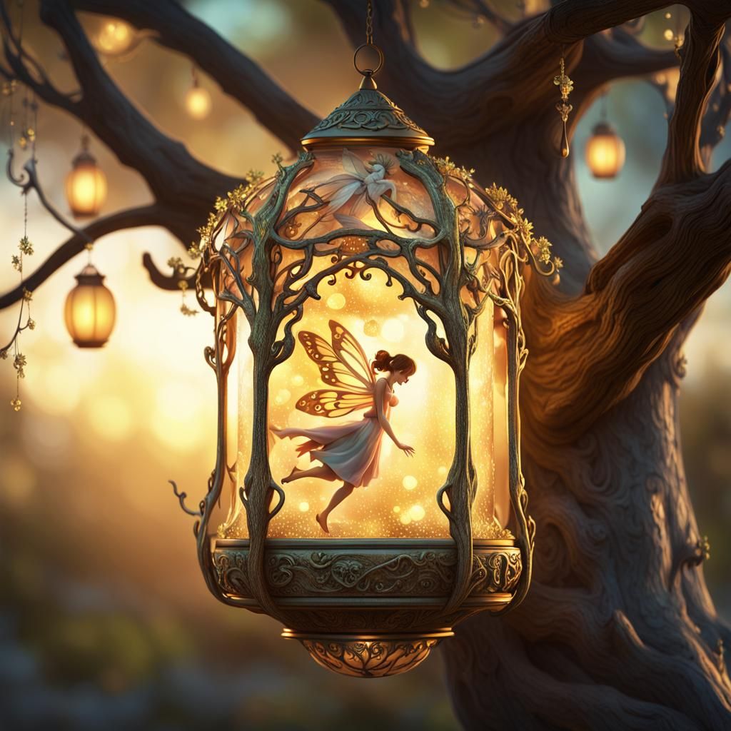 A vintage magical lantern hanging from a tree with a tiny fairy shining inside