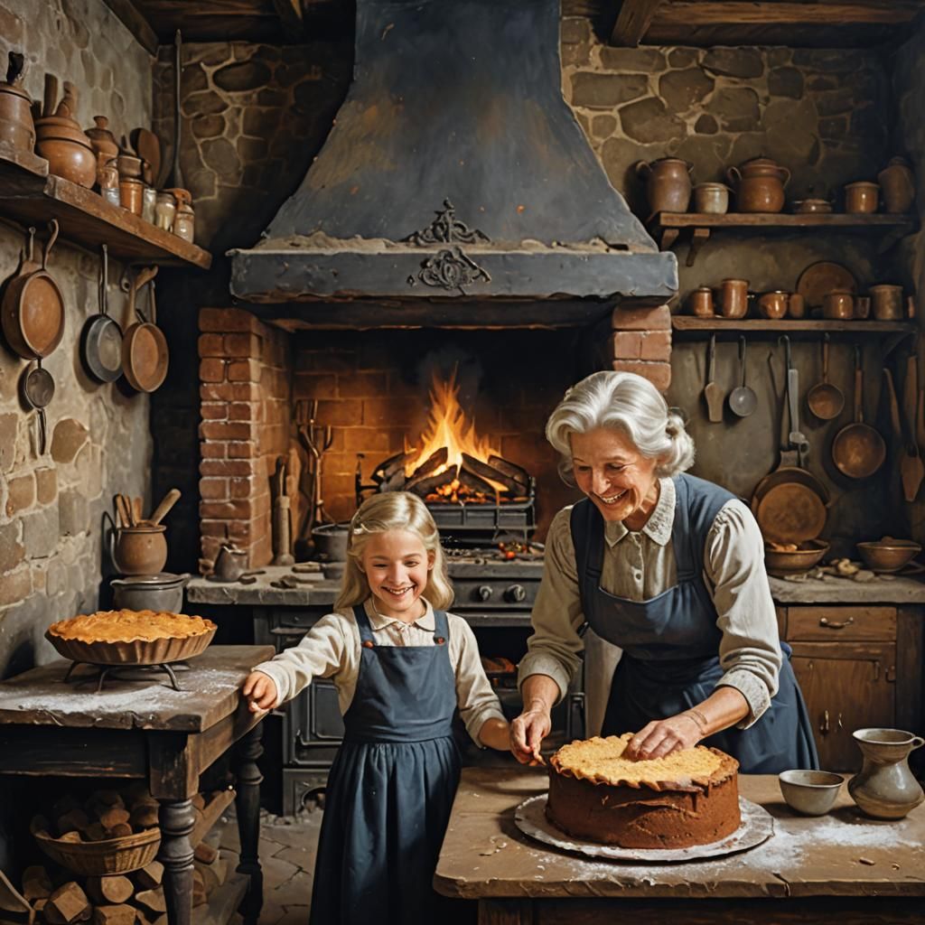 A large fireplace lit in the middle of an ancient kitchen.  ...