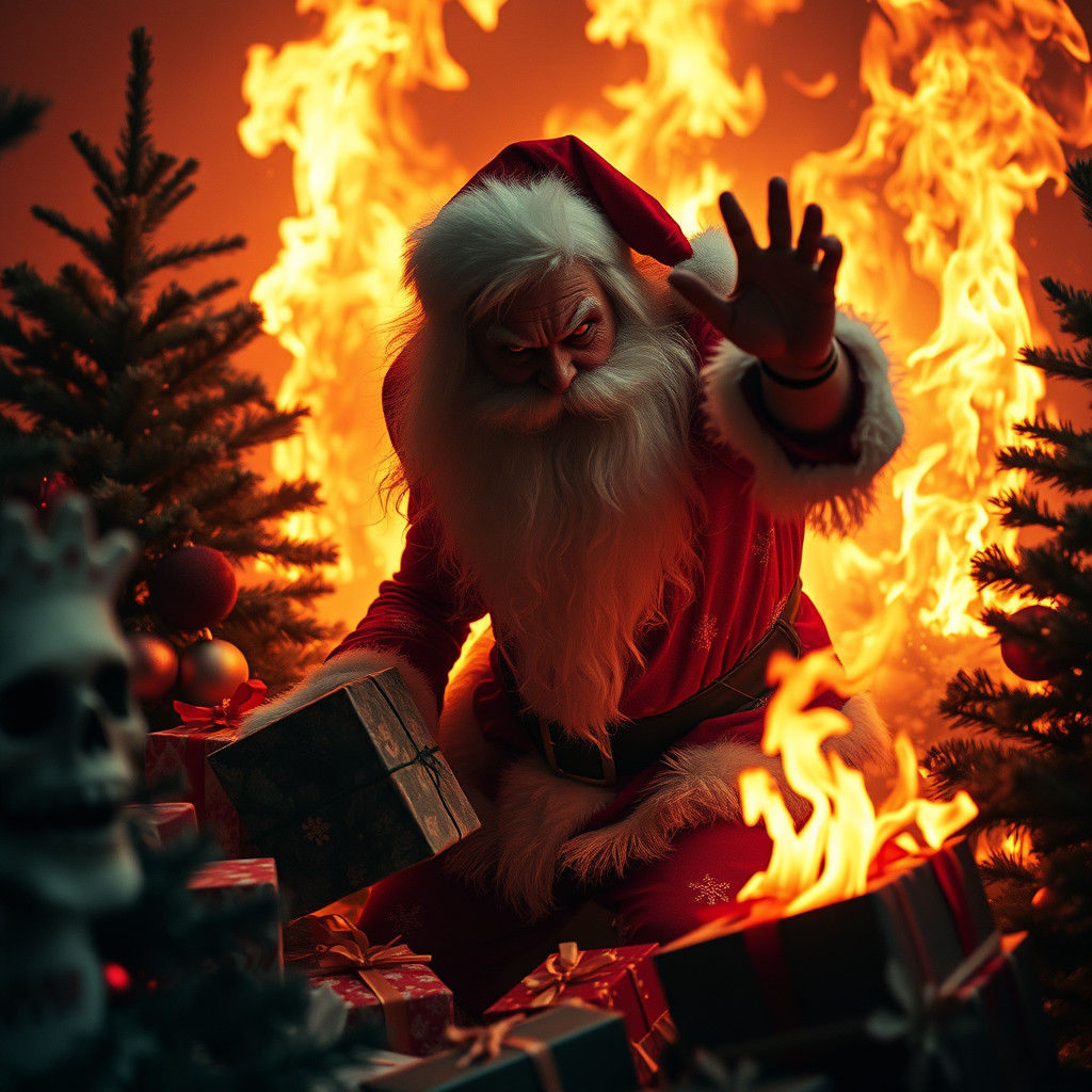 In the fiery chaos, a malevolent Santa Claus destroys every Christmas tree and present in his path. This ...  by @I_AM