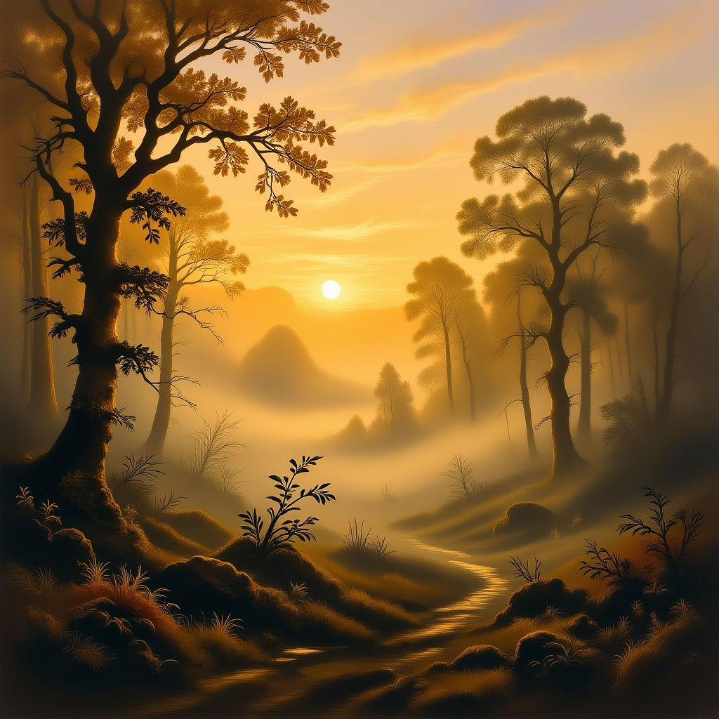 Hauntingly beautiful landscape of a misty forest in the style of J.M.W. Turner with warm golden light