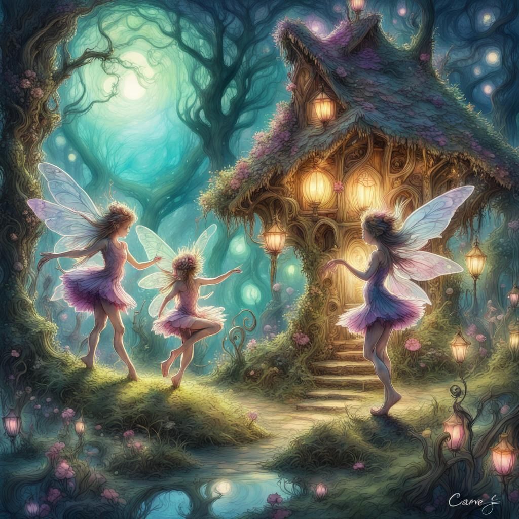 fairies dancing under the moonlight in a fairy village with lush ...