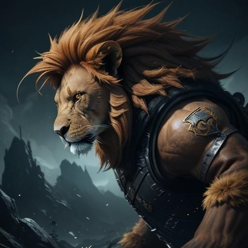 A fantasy card game illustration of an angry lion with glowi...