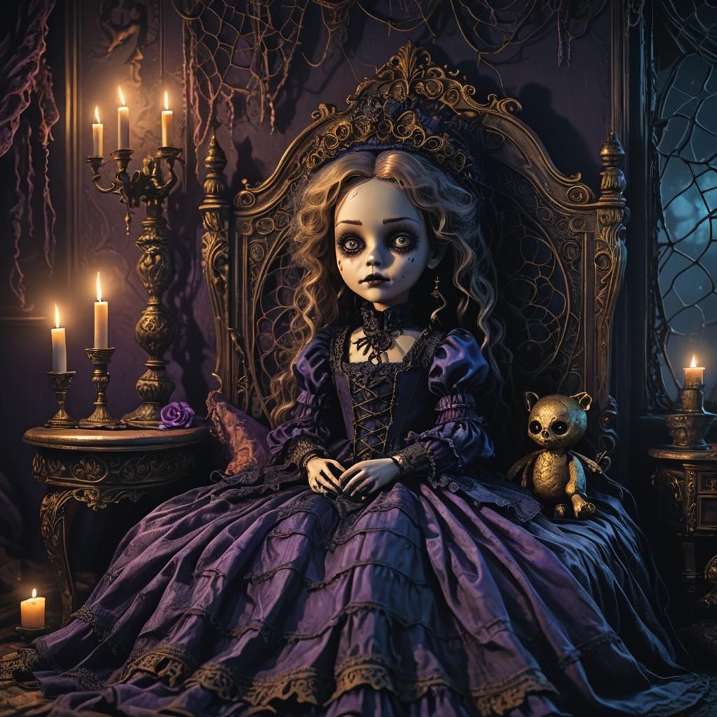 Spooky looking doll sitting on a bed in a creepy room