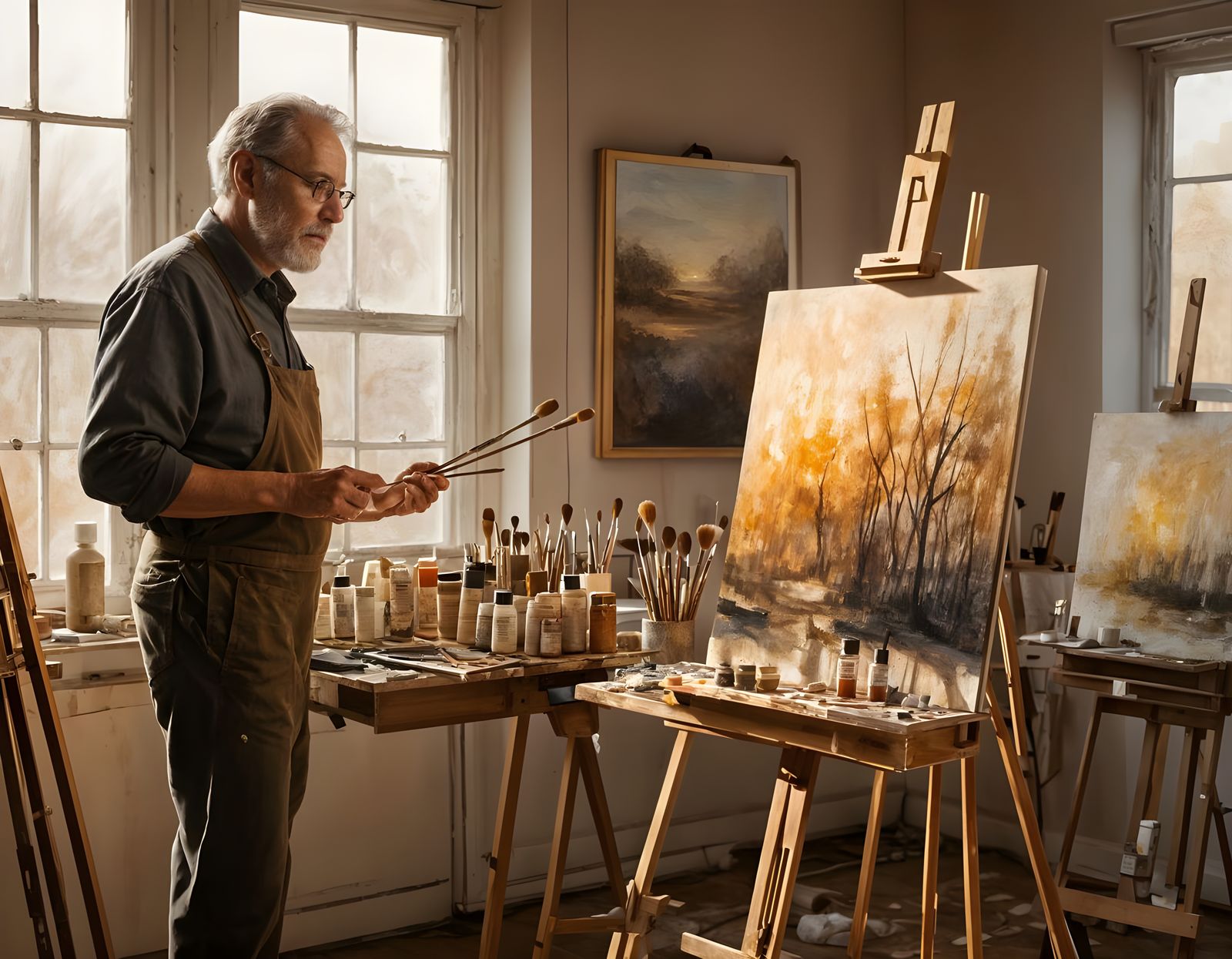 Artist Admiring Sunrise Landscape in Studio