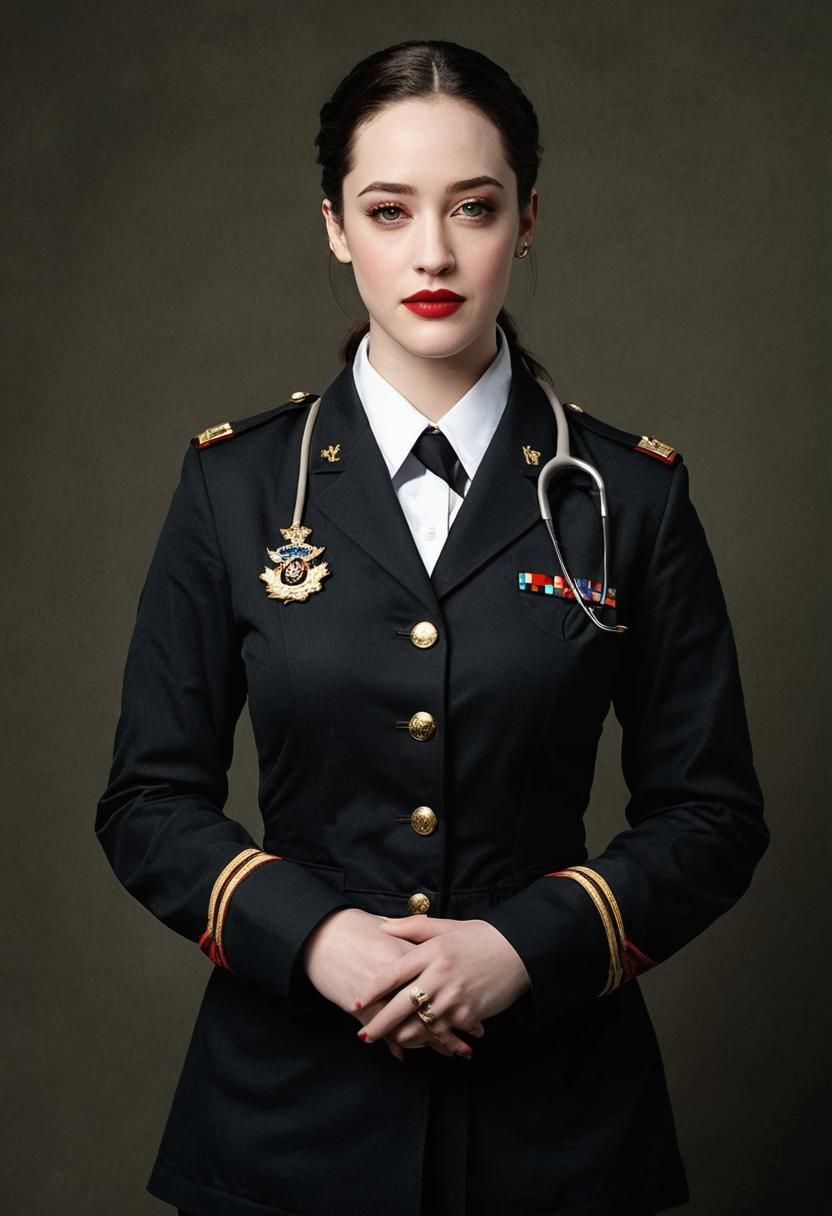 Kate Upton stands confidently against a muted background, her hands clasped together in front of her. She is dressed in a military-style u...