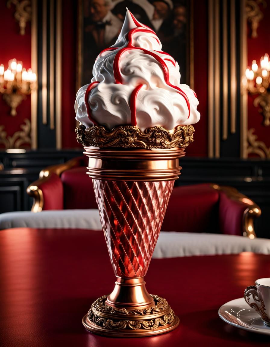 Realisitc photography victorian style Ice Cream on a extremelydetailed copper icecreamcone