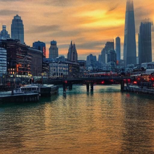 draw a beautiful city scarlet sunset in which all objects ar...