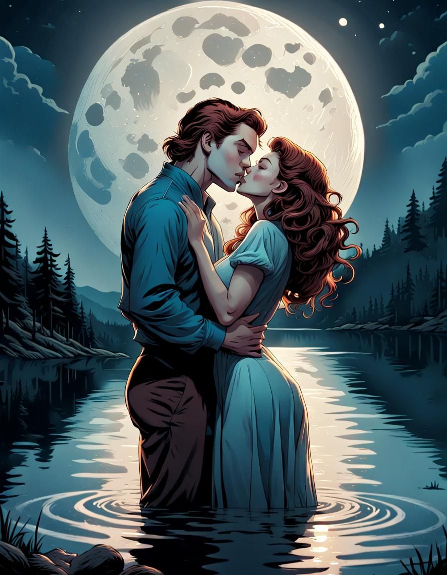 man and woman kissing under a full moon.  by @Yoli