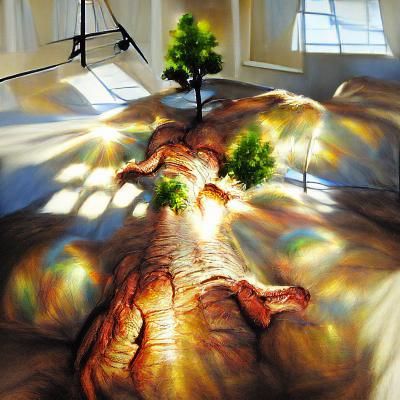 Tree with arms hyperrealism volumetric lighting sunshine ray...