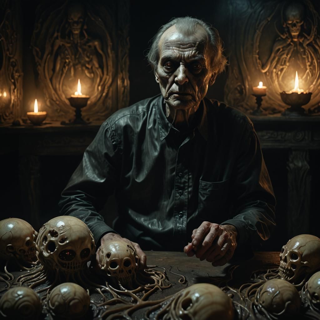 Surreal Man Holding Embryo in Eerie Mist