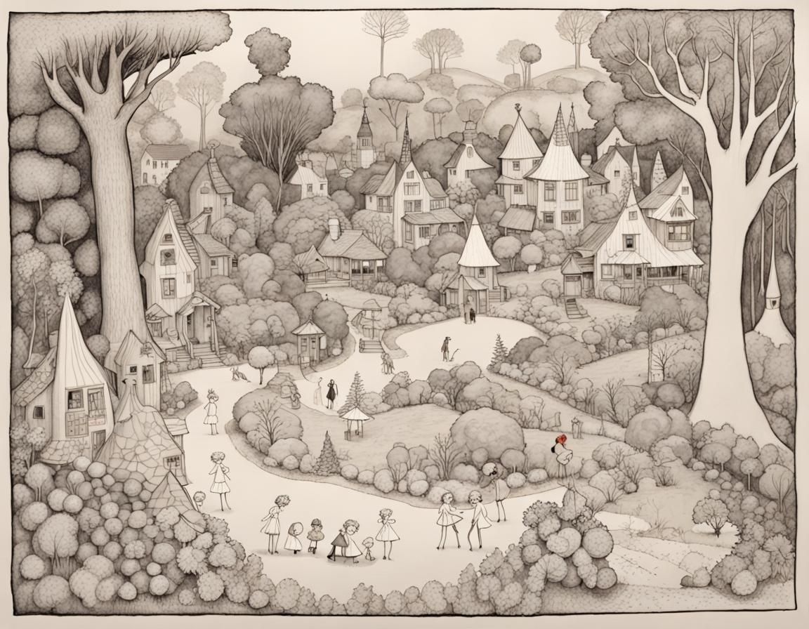 Doodle; ink drawing, Fairies party village, comic by Saul St...