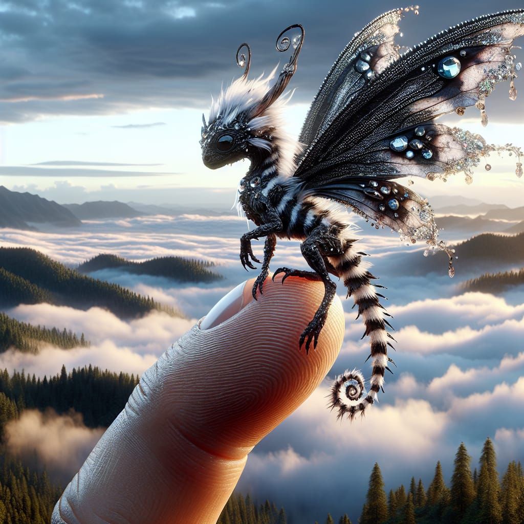 A stunning ultra-photorealistic macro photograph that captures a tiny, disheveled white and black stripe ...  by @James Silvers