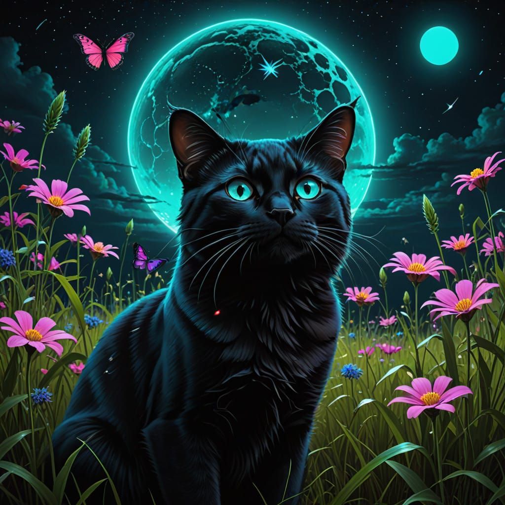 Hyperrealistic close up pic of a insanely beautiful bioluminescent large butterfly (flying gracefully above the head) of a beautiful black c...