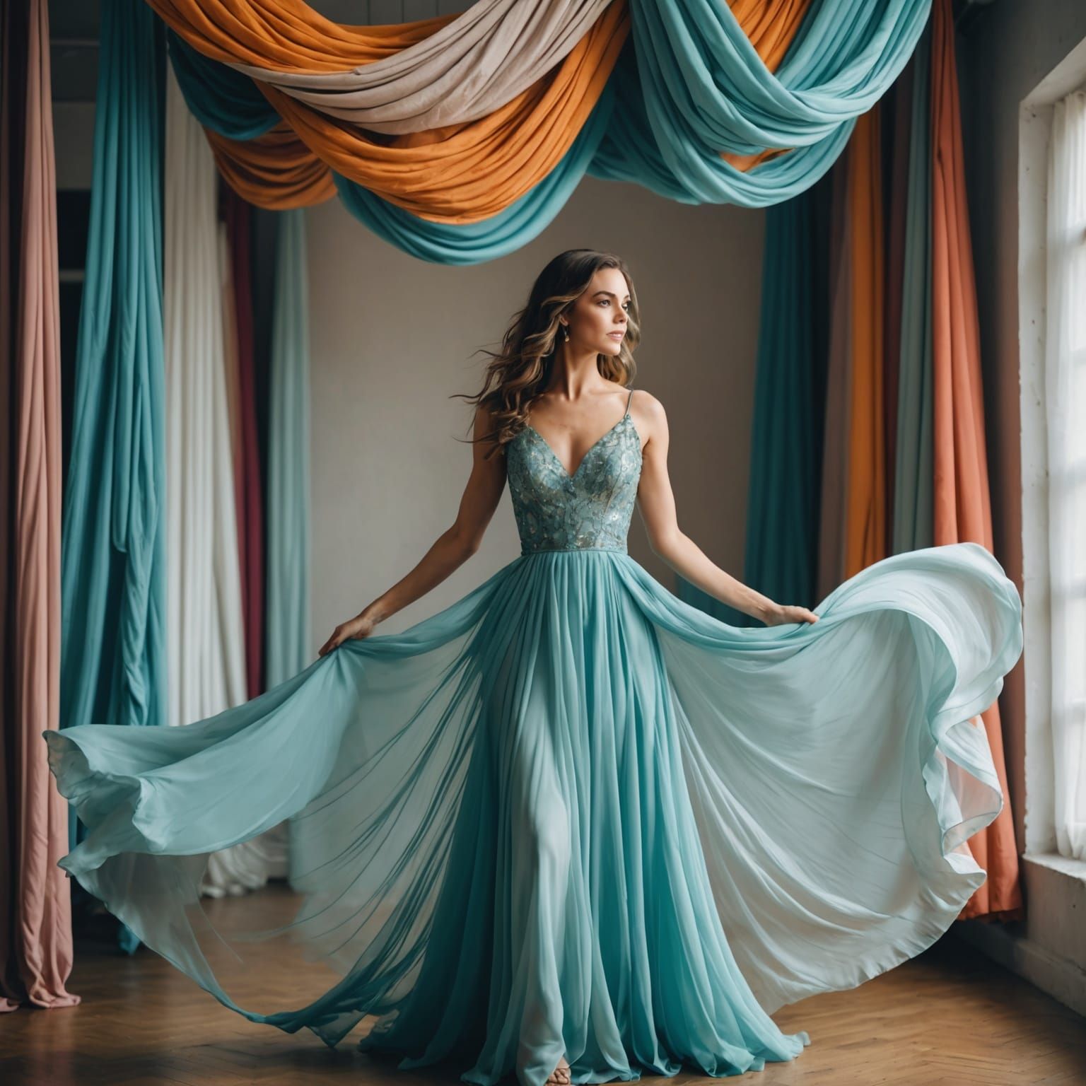 Beautiful woman with floating dress, hanging fabrics in the background