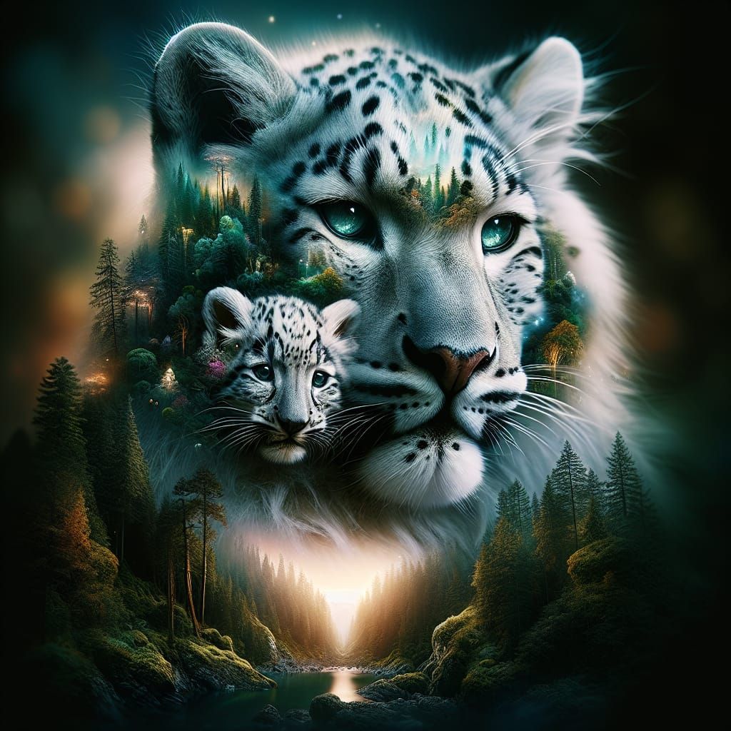 Beautiful White Leopard with darling cub in the forest  #2