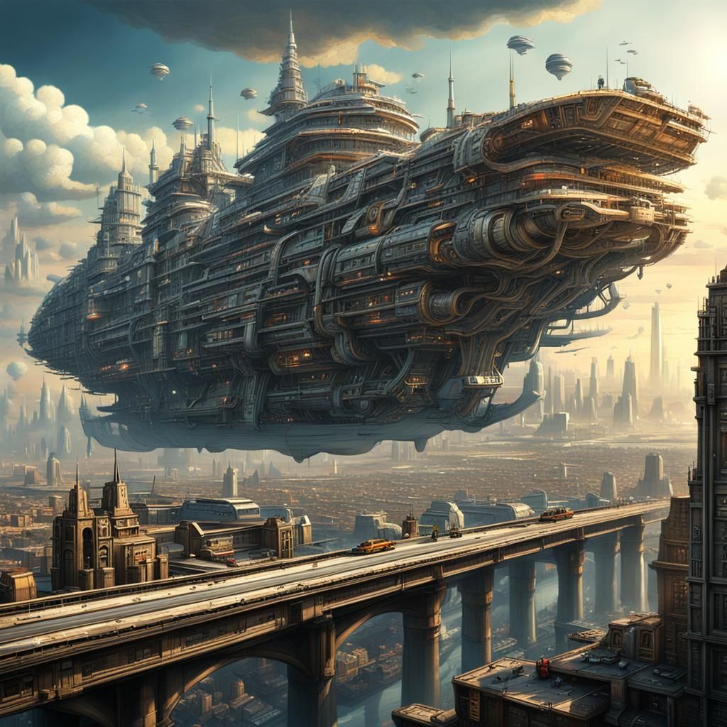 arafed city with a huge ship in the middle of a highway, surreal sci fi architecture, stunning sci-fi concept art, city, intricate and epic...