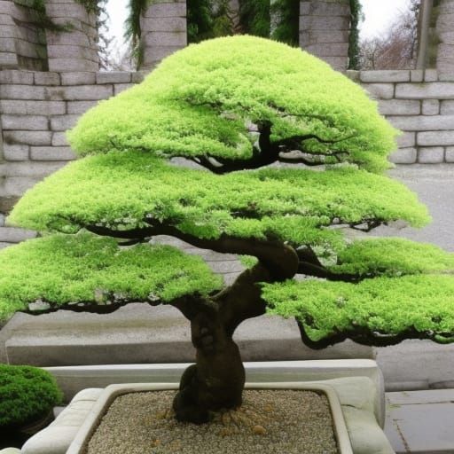 White bonsai cherry tree with gnarled trunk, white flowers l...
