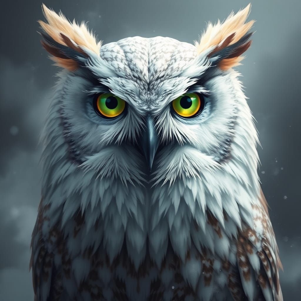 a drawing of an owl with green eyes, an airbrush painting, g...