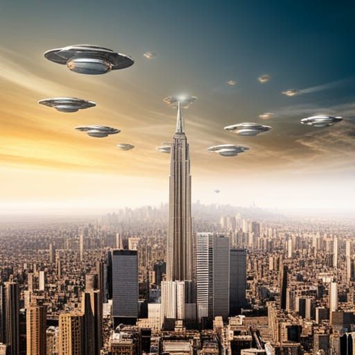 City on the bottom space on top with    lots of UFOs flying ...