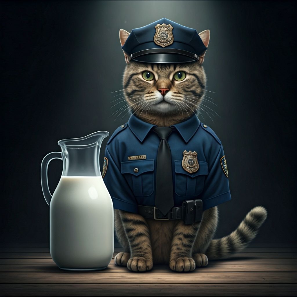 Photorealistic Cat Police Officer Guarding Milk Jug