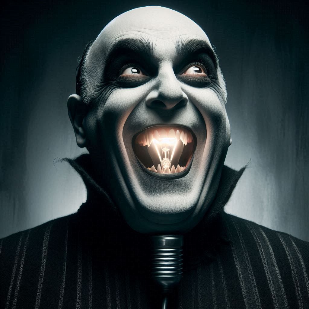 Uncle Fester With a glowing lightbulb in his mouth