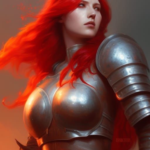 Beautiful woman, red hair, steel armor