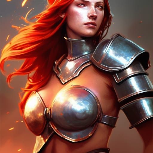 Beautiful woman, red hair, steel armor