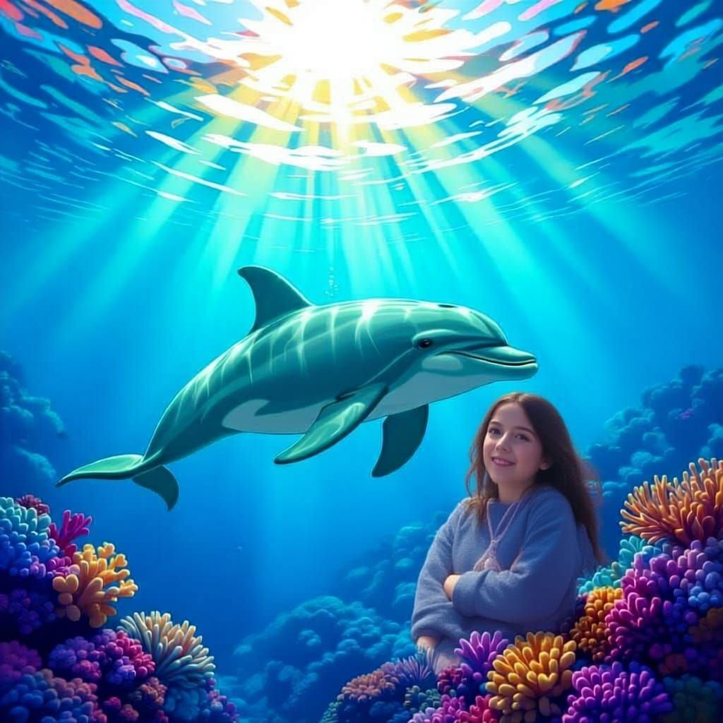 A DOLPHIN IS SWIMMING IN A COLOURFUL OCEAN