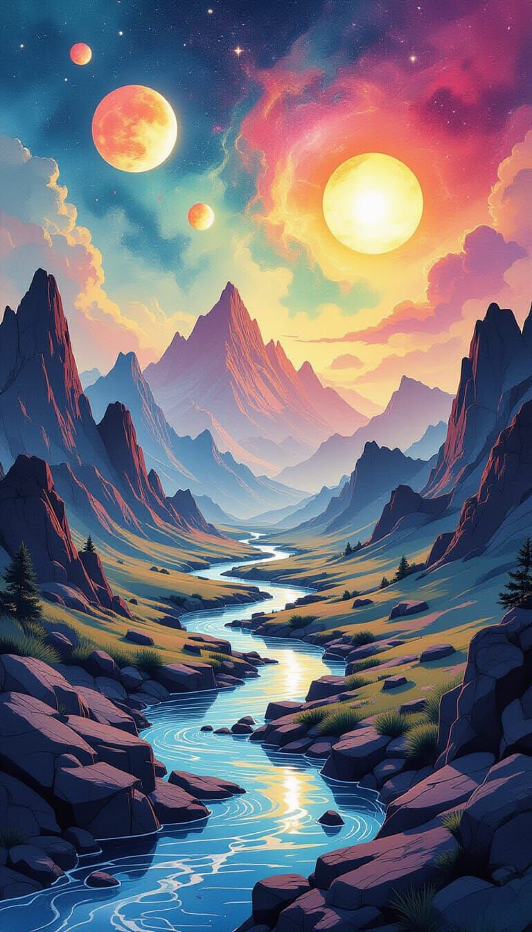 Surreal Cosmic Watercolor Landscape with Multiple Suns | T0RP3D0 2012 | NightCafe | Dreamscape Art