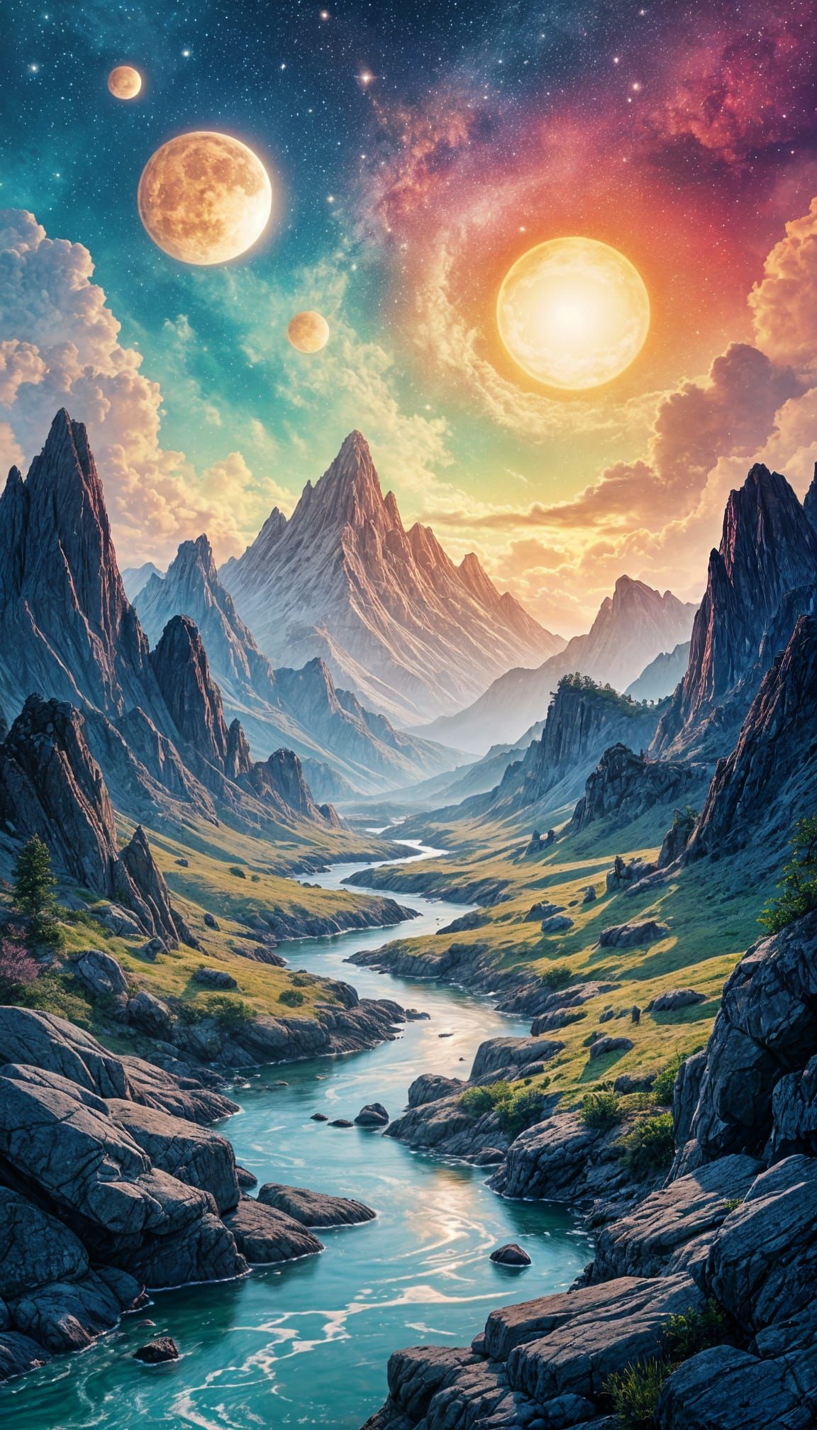 Surreal Cosmic Watercolor Landscape with Multiple Suns