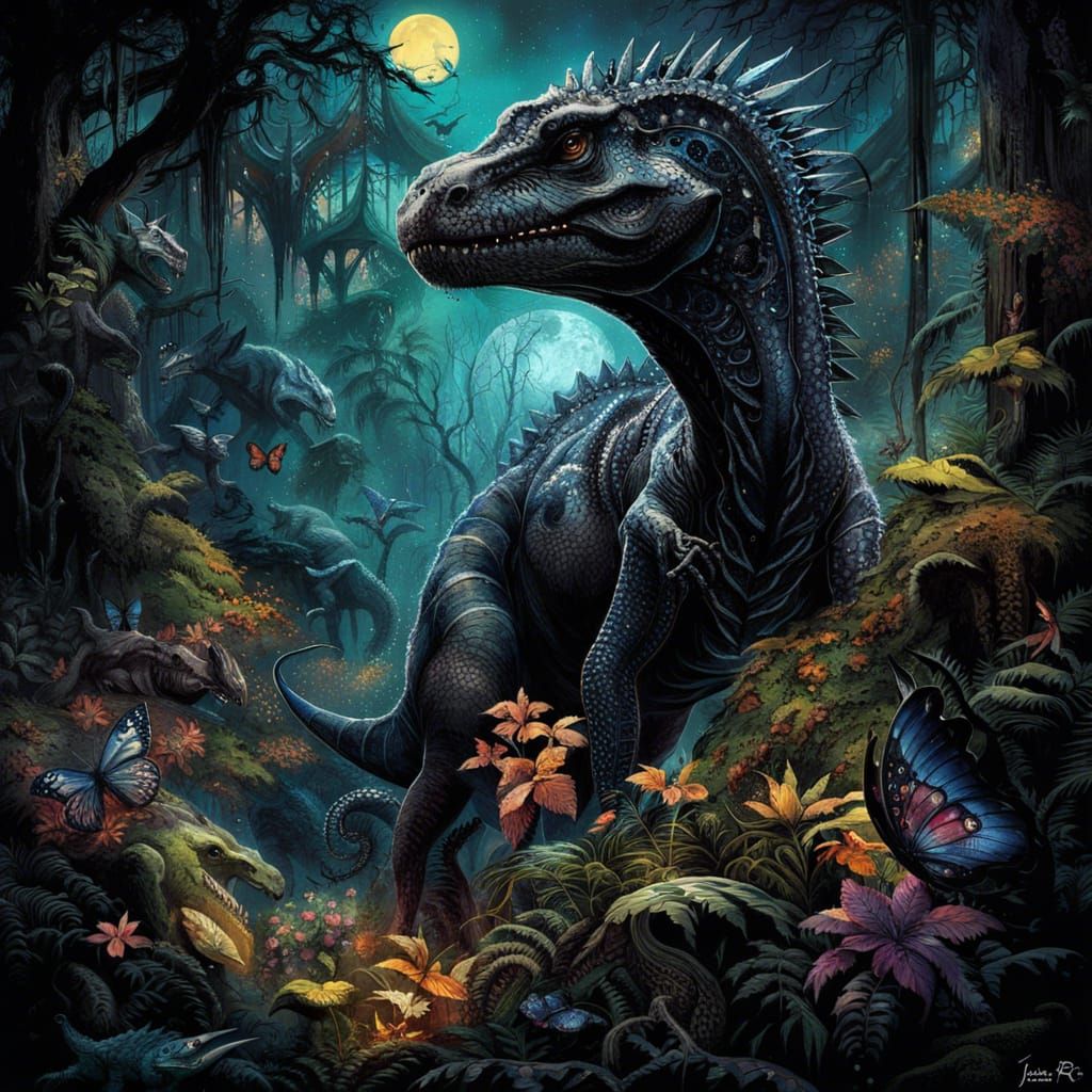 Glowing Black Dinosaur in Rainforest: Hyperrealistic Masterp...