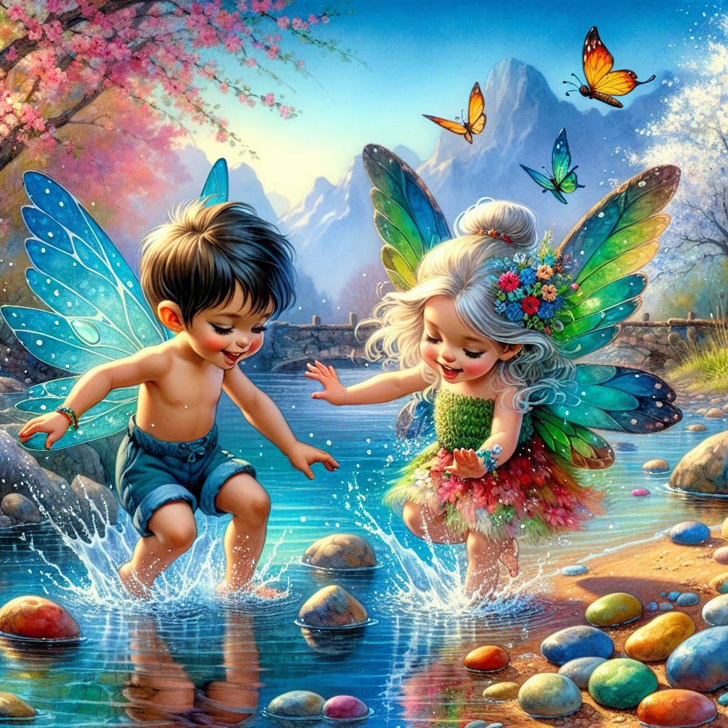 two playful child fairies playing in the river. One fairy is playful ...