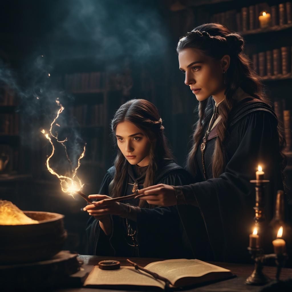 a young sorceress learning to cast spells with her wand as her old master sorceress watches  by @DJDiztorted
