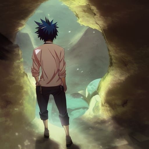 a man entering a cave