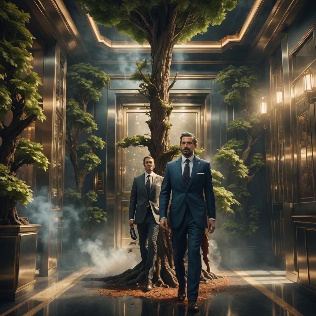 Trees wearing suits, standing in an elevator. One tree is sm...
