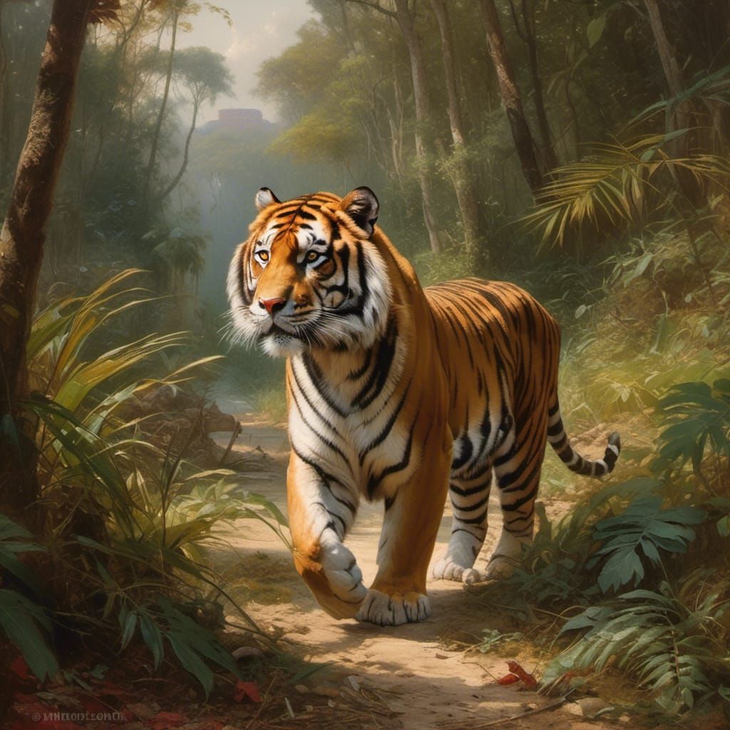 A majestic tiger walking in a lush jungle <lora:Roman Oils:0...