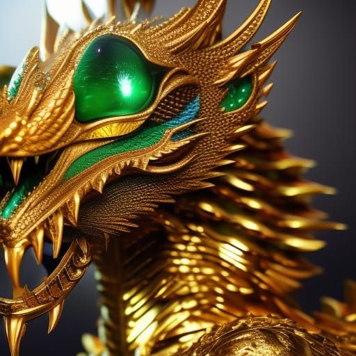 3d sculpture of a dragon, head and shoulders portrait, gold,...