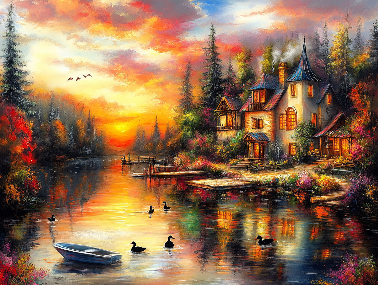 Watercolor Lake House at Sunrise