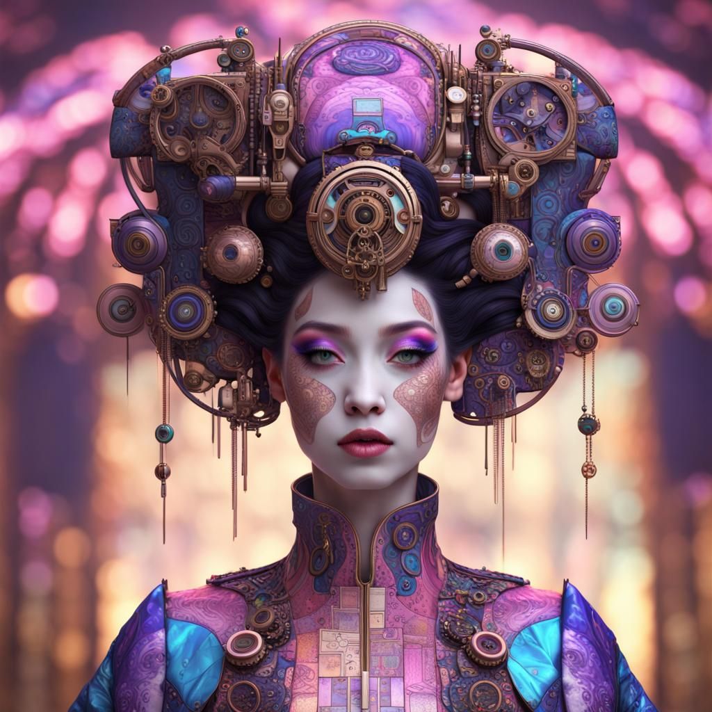 biomechanical punk steampunk geisha, fashion pink, purple, blue and ...