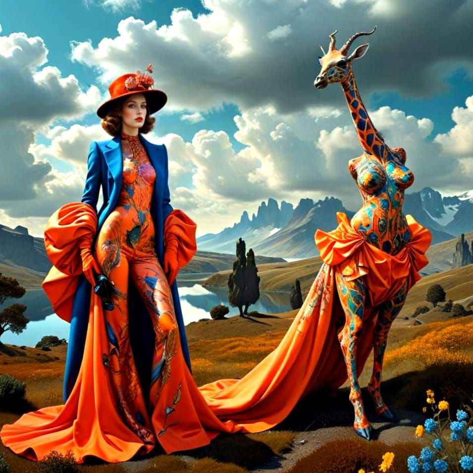 Surrealistic Lady Surrounded by Vibrant Fantastical Creature...