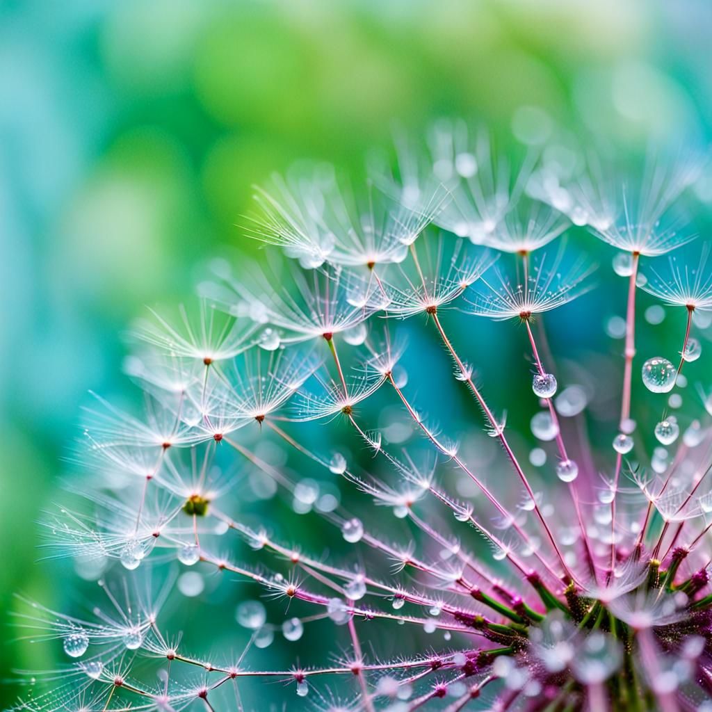 Closeup of morning dewdrops dandelion fluff  by @Wanagiyata