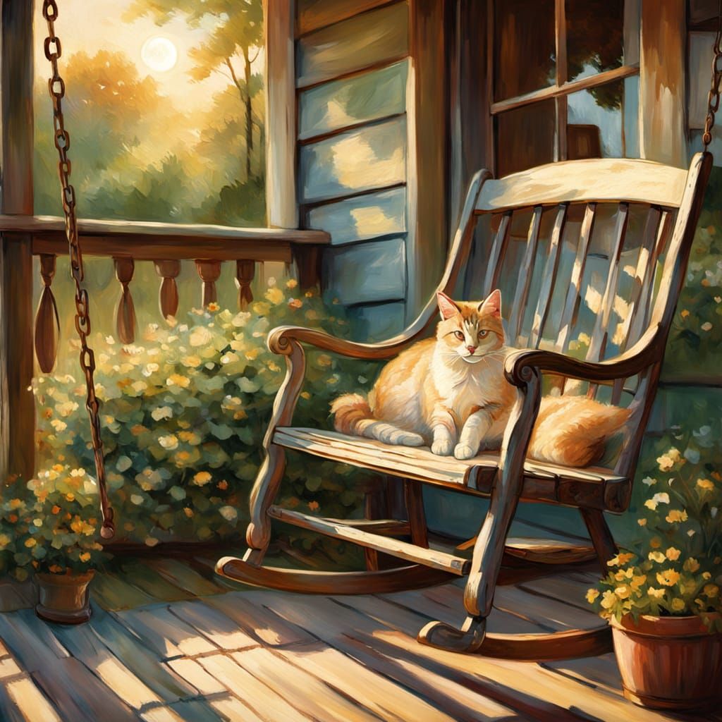 Cozy Countryside Porch Swing in Impressionist Style